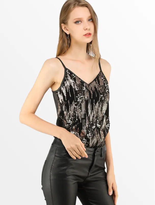 Sequin Tops V Neck Spaghetti Strap Metallic Camisoles sold by Allegra K