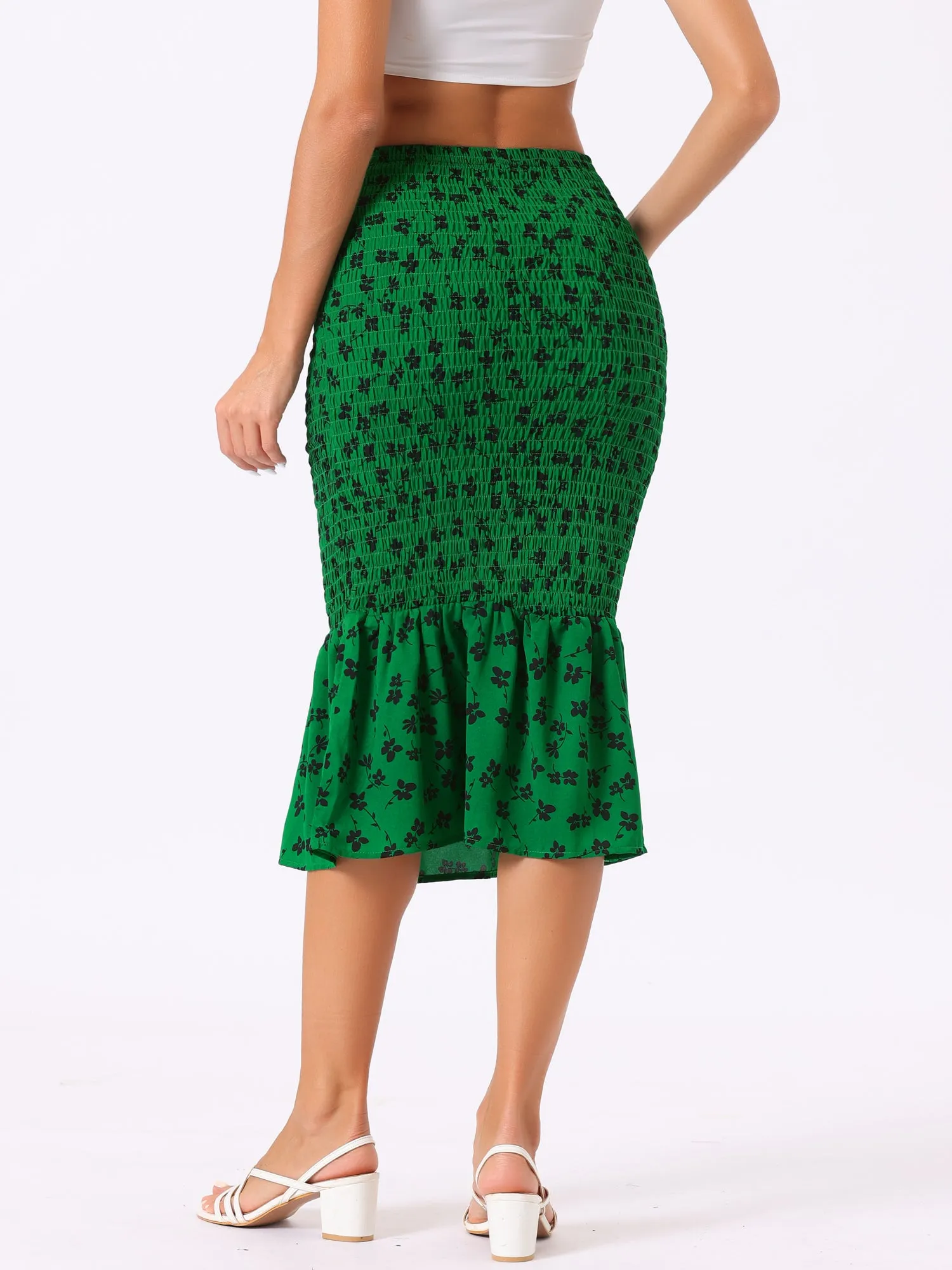 Smocked Bodycon Mermaid Pencil Floral Midi Skirt sold by Allegra K product image thumbnail 3