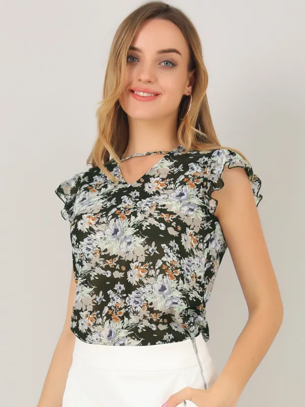 Ruffled Sleeve Casual Choker Neck Cutout Chiffon Floral Blouse sold by Allegra K
