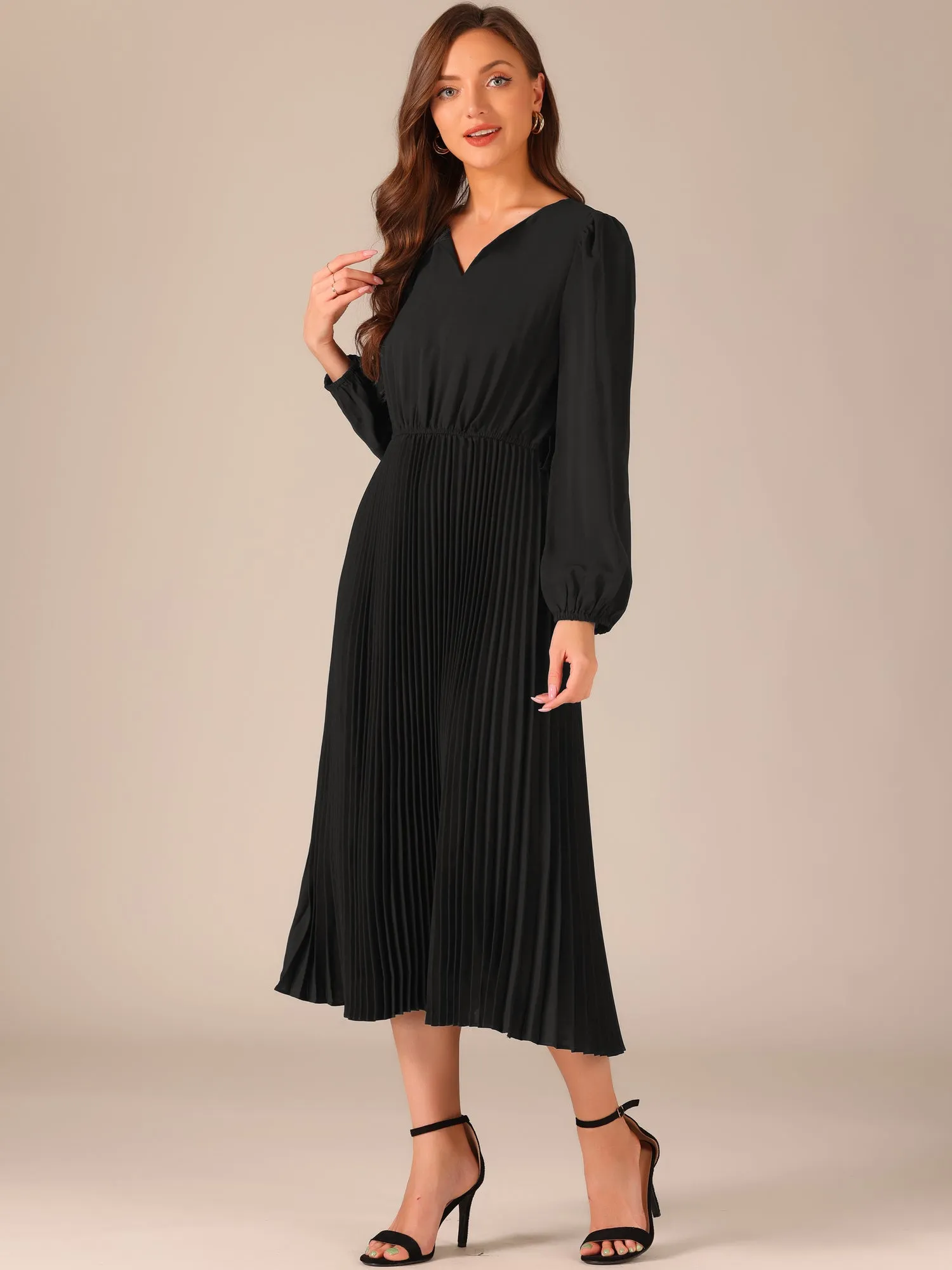 Solid V-Neck Long Sleeve Belted Pleated Midi Dress sold by Allegra K product image thumbnail 2