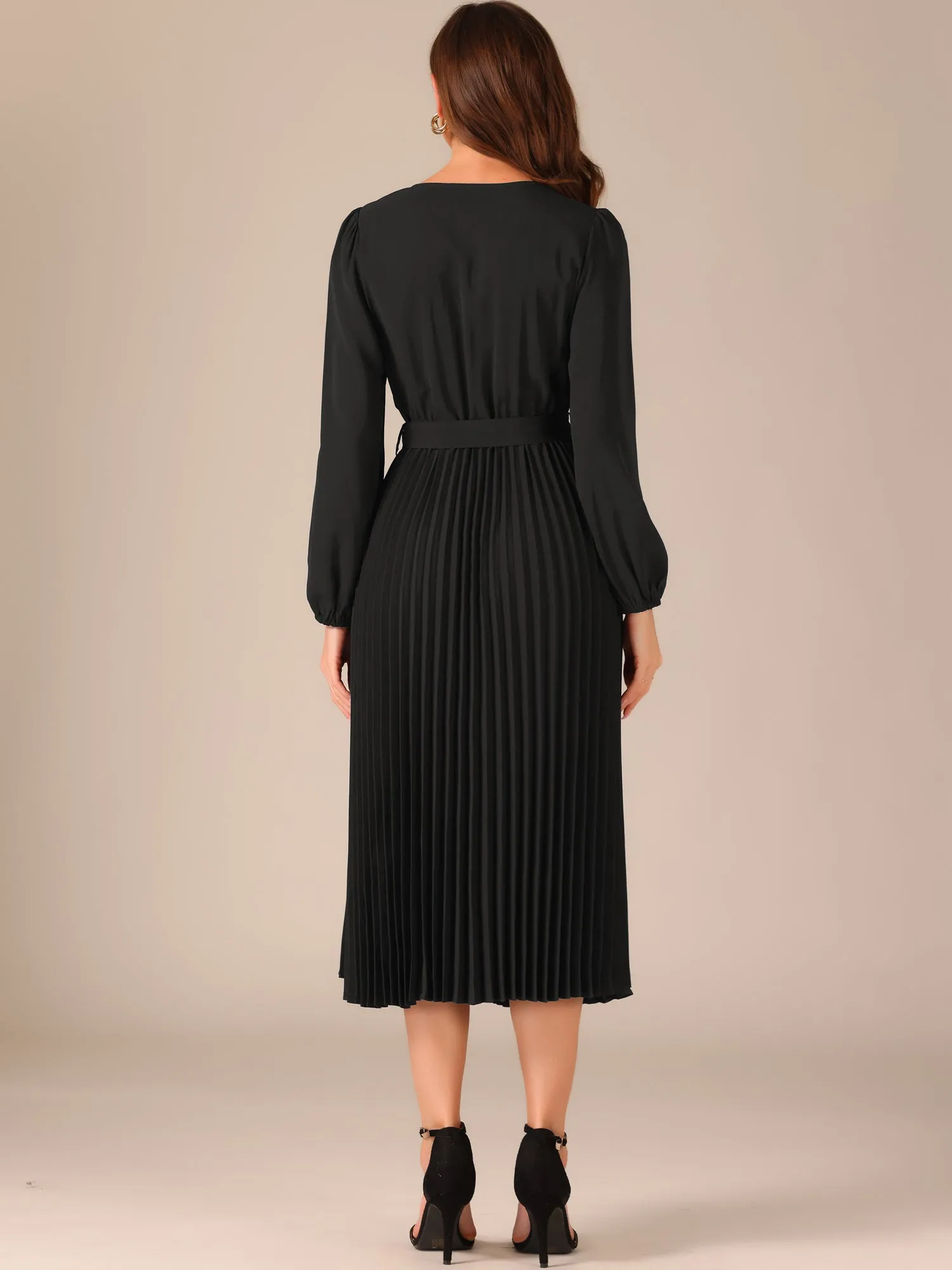 Solid V-Neck Long Sleeve Belted Pleated Midi Dress sold by Allegra K product image thumbnail 3