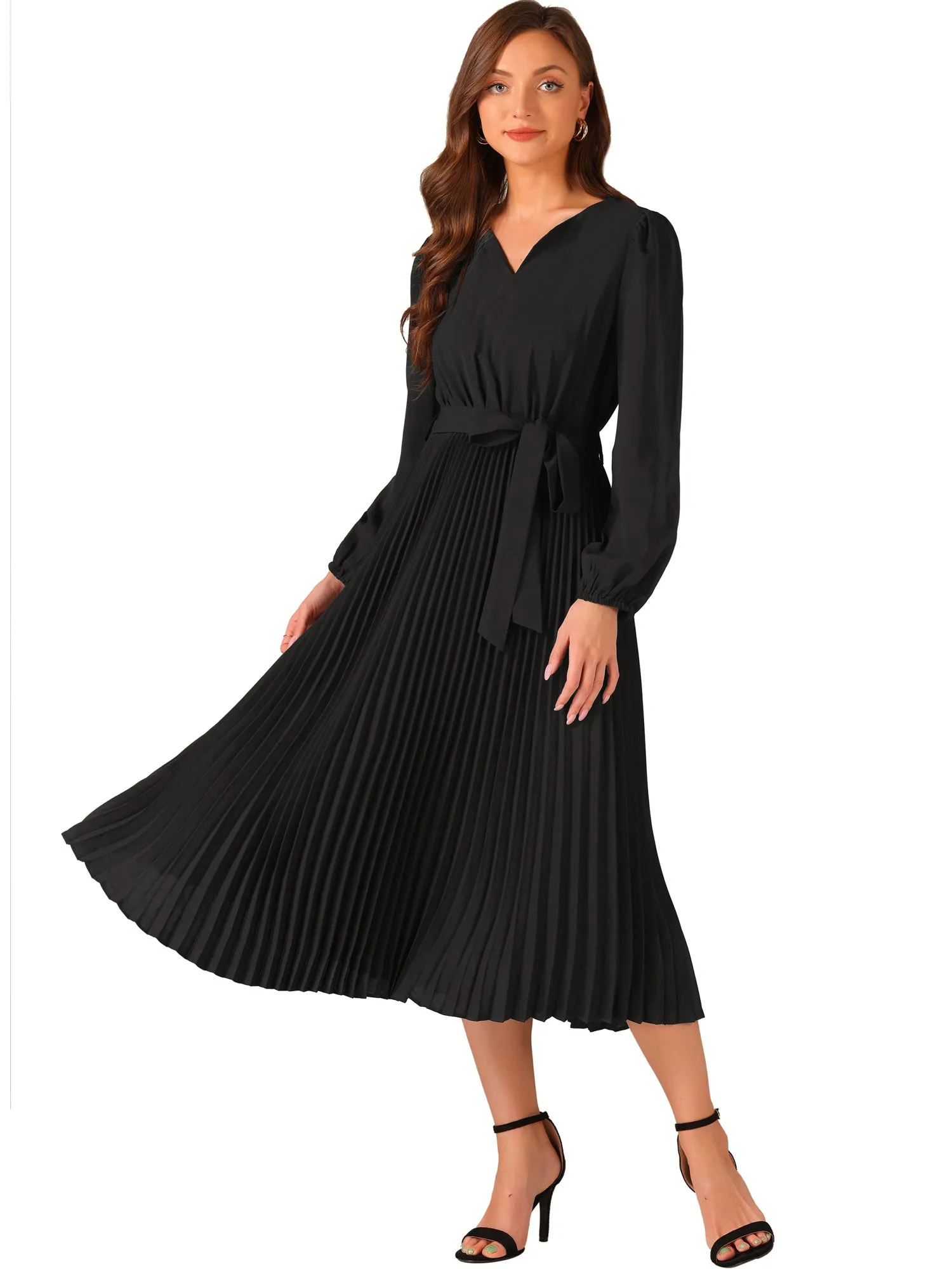 Solid V-Neck Long Sleeve Belted Pleated Midi Dress sold by Allegra K product image thumbnail 4