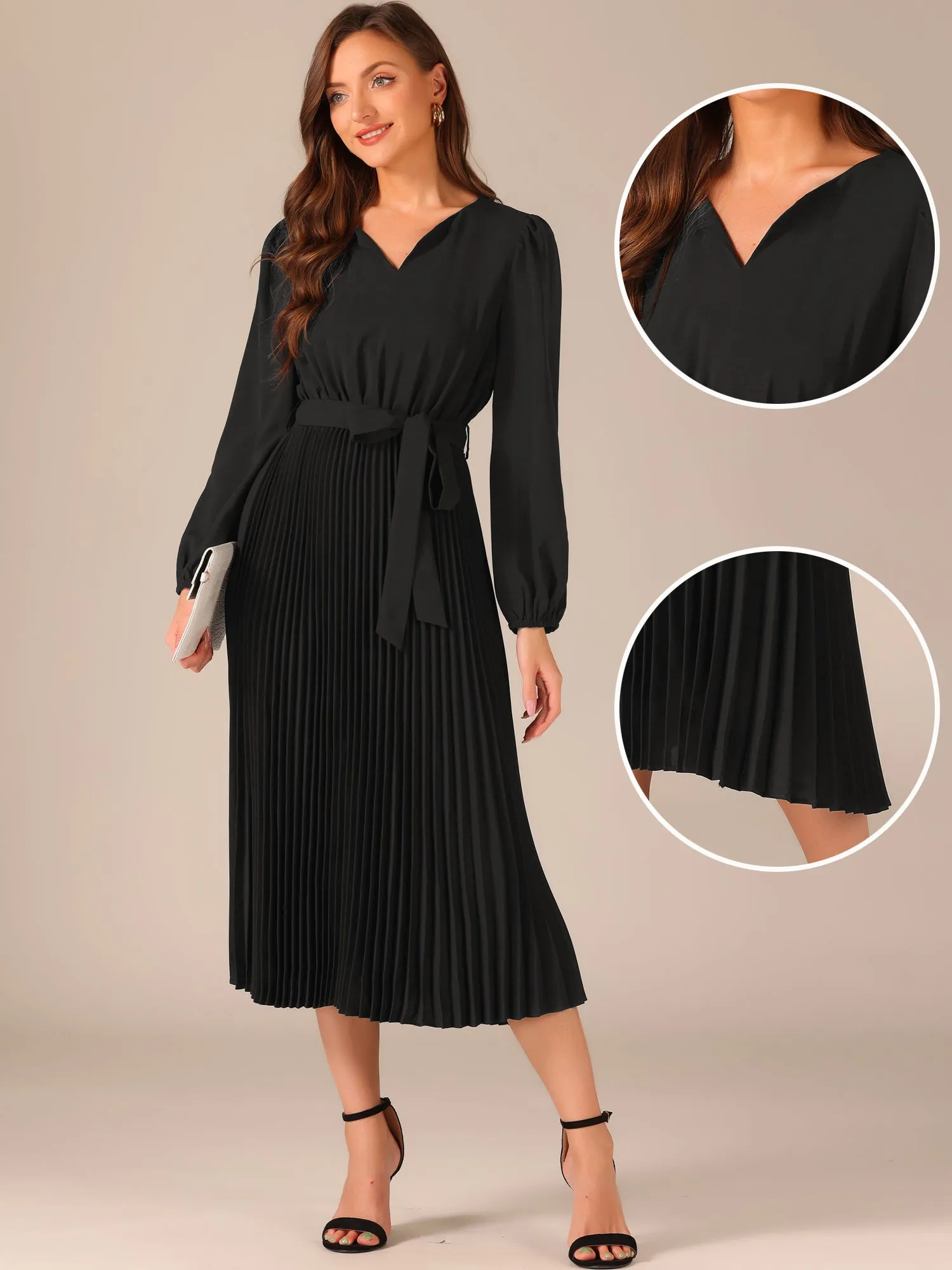 Solid V-Neck Long Sleeve Belted Pleated Midi Dress sold by Allegra K