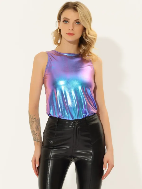Shiny Sleeveless Camisole Club Shimmer Metallic Tank Top sold by Allegra K