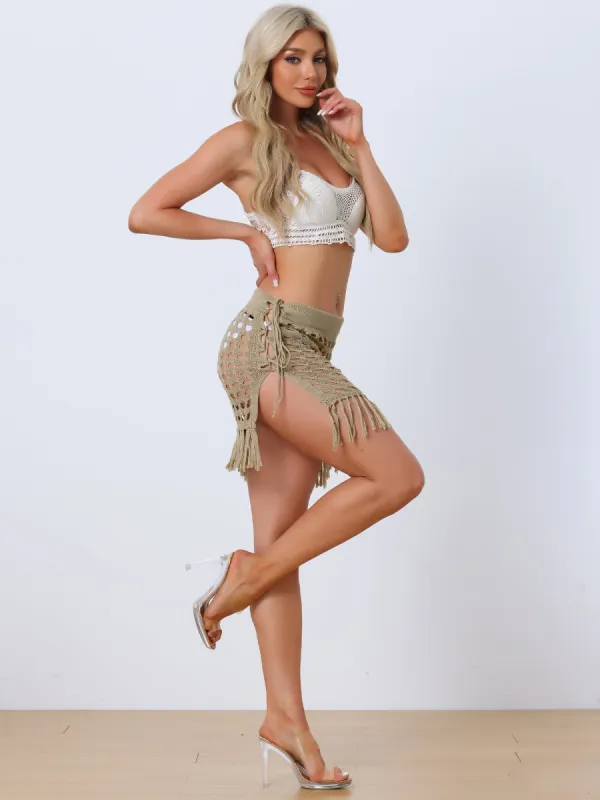 Crochet Tassel Mesh Cover Up Drawstring Beach Mini Skirt sold by Allegra K