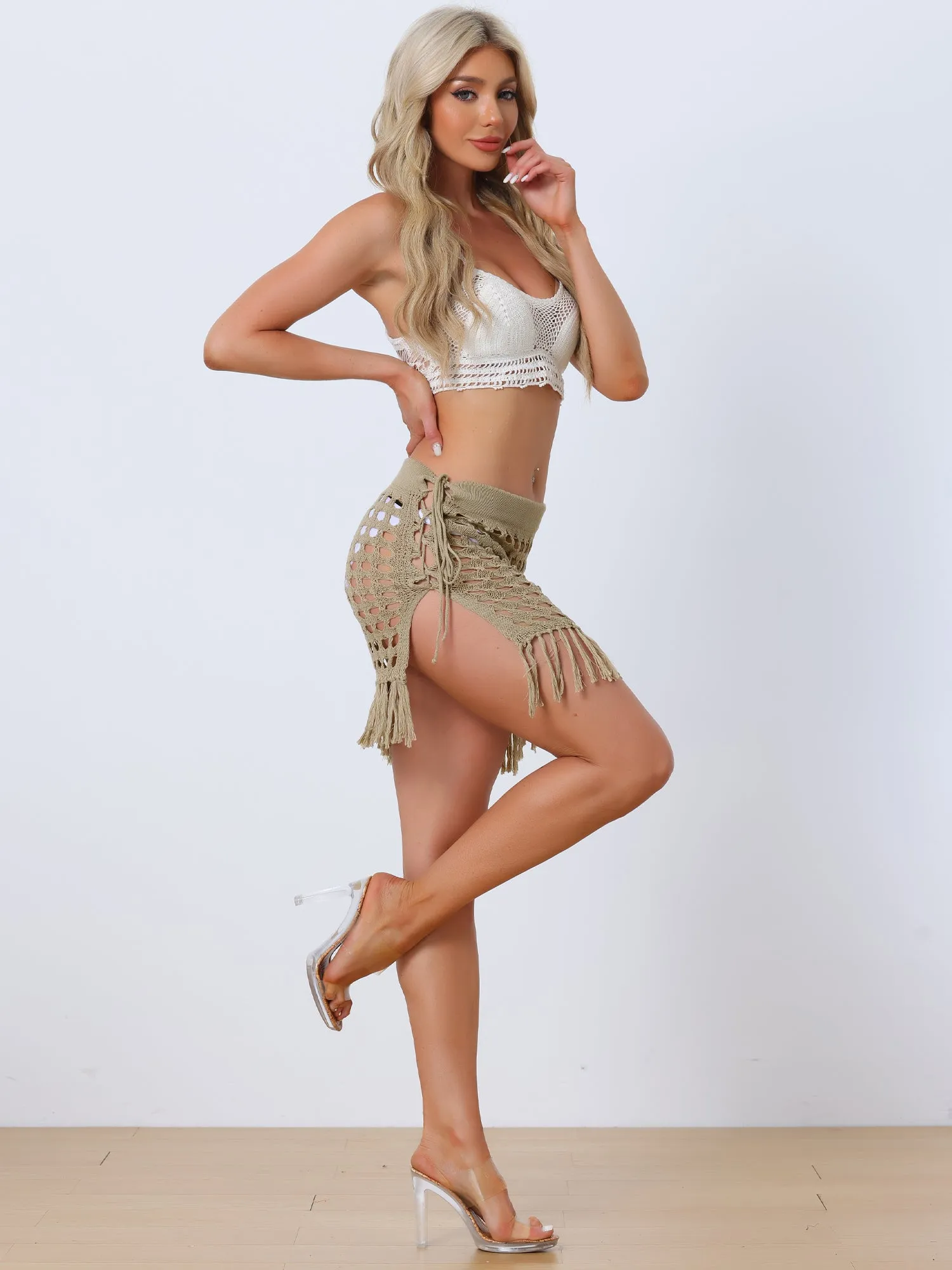 Crochet Tassel Mesh Cover Up Drawstring Beach Mini Skirt sold by Allegra K