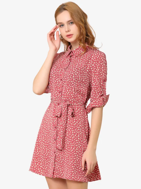Collared Long Sleeve Shirtdress Belted Button Down Ditsy Floral Dress sold by Allegra K