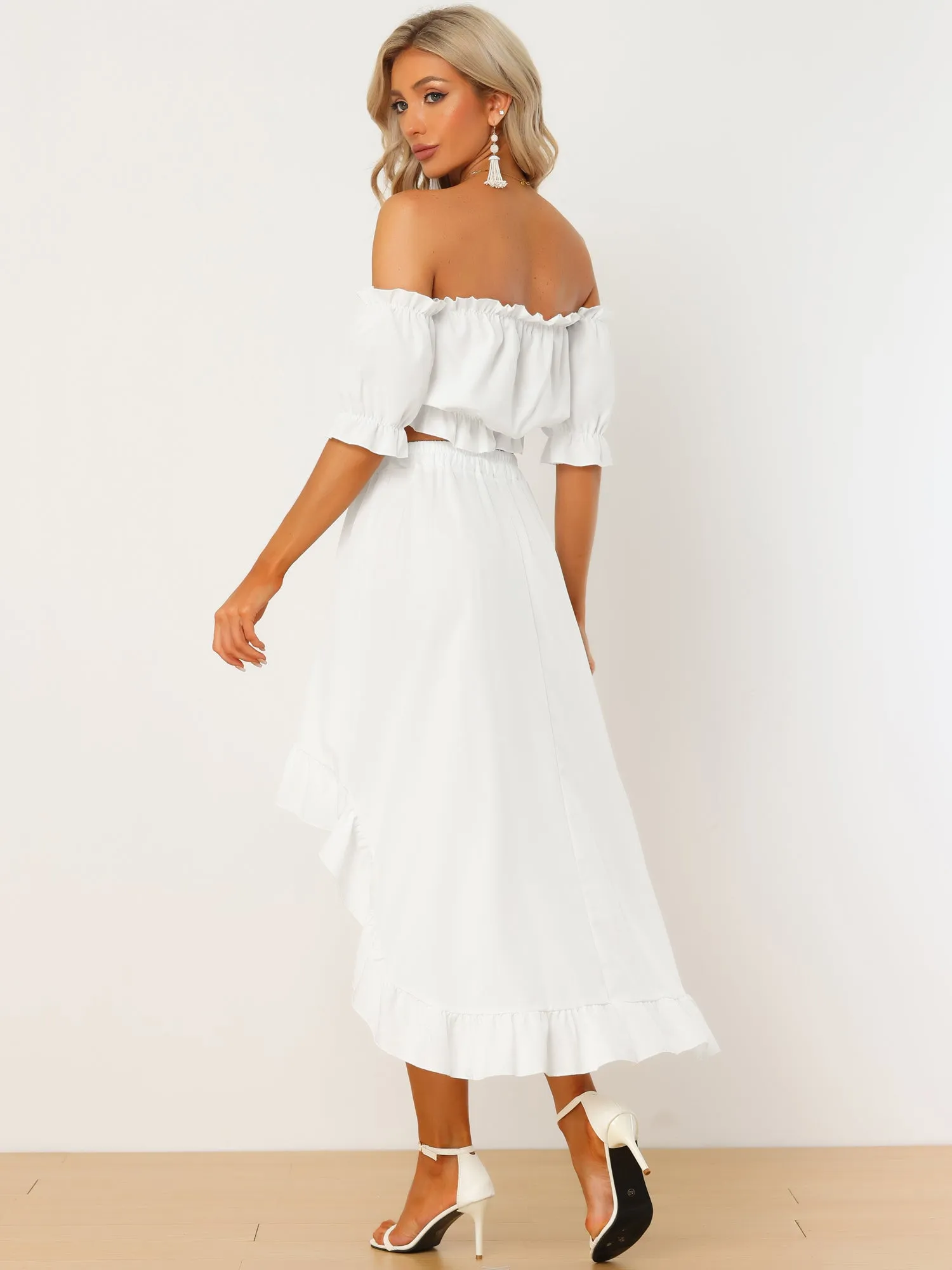 Off Shoulder Crop Top Flowy High Low Hem Skirt Two Piece Outfits Set sold by Allegra K product image thumbnail 3