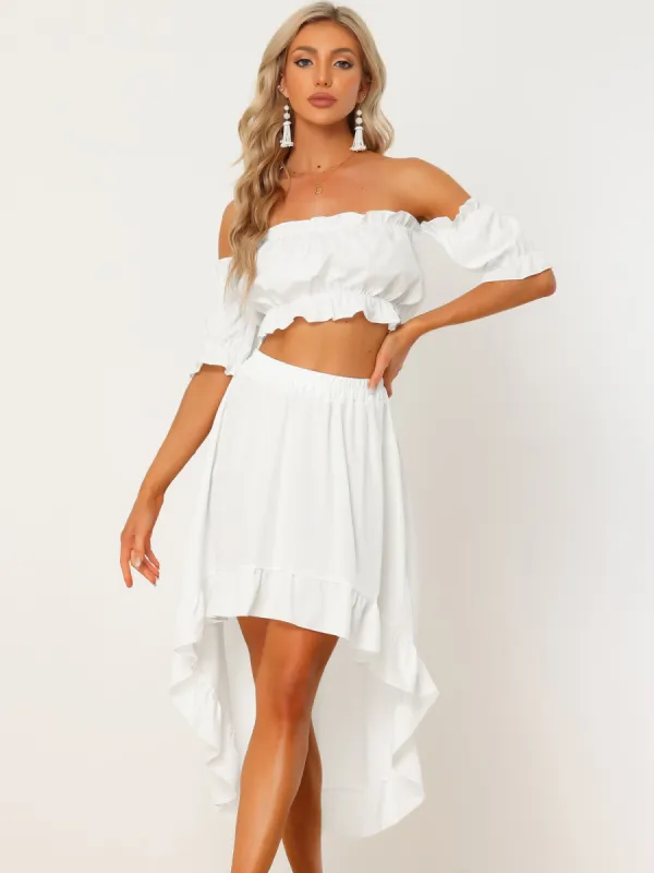 Off Shoulder Crop Top Flowy High Low Hem Skirt Two Piece Outfits Set sold by Allegra K