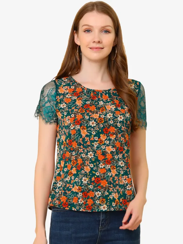 Floral Tops Summer Round Neck Contrast Lace Sleeve Blouse sold by Allegra K