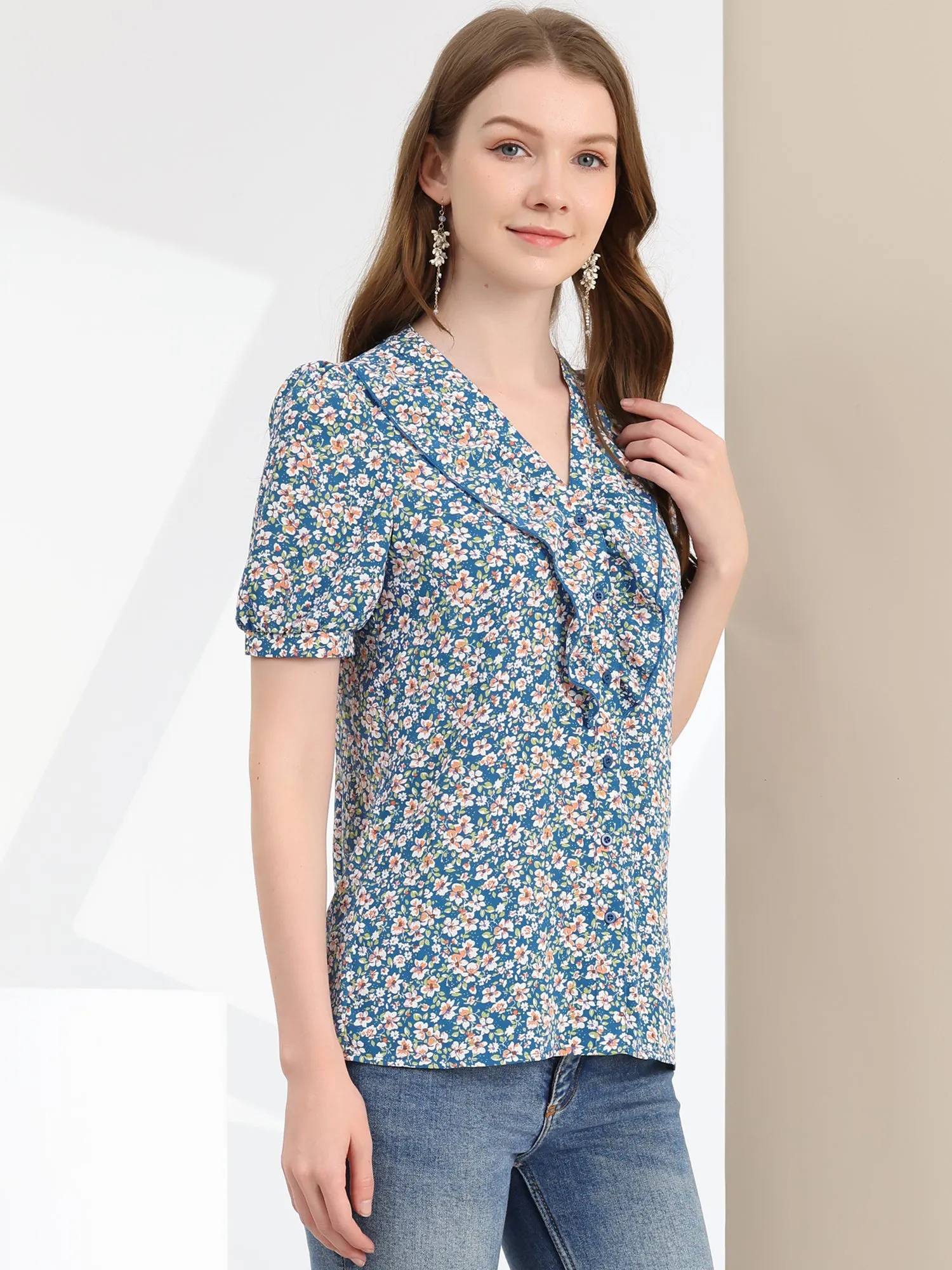 Summer Short Sleeve V Neck Ruffle Floral Button Down Shirt Top sold by Allegra K product image thumbnail 3