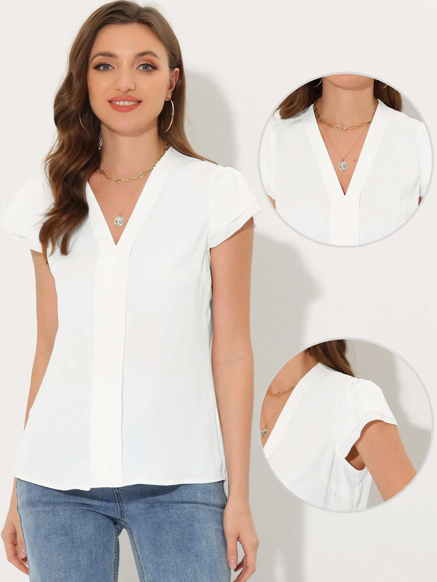 Summer Office Tops V-Neck Solid Color Casual Chiffon Ruffle Sleeve Blouse sold by Allegra K product image thumbnail 2
