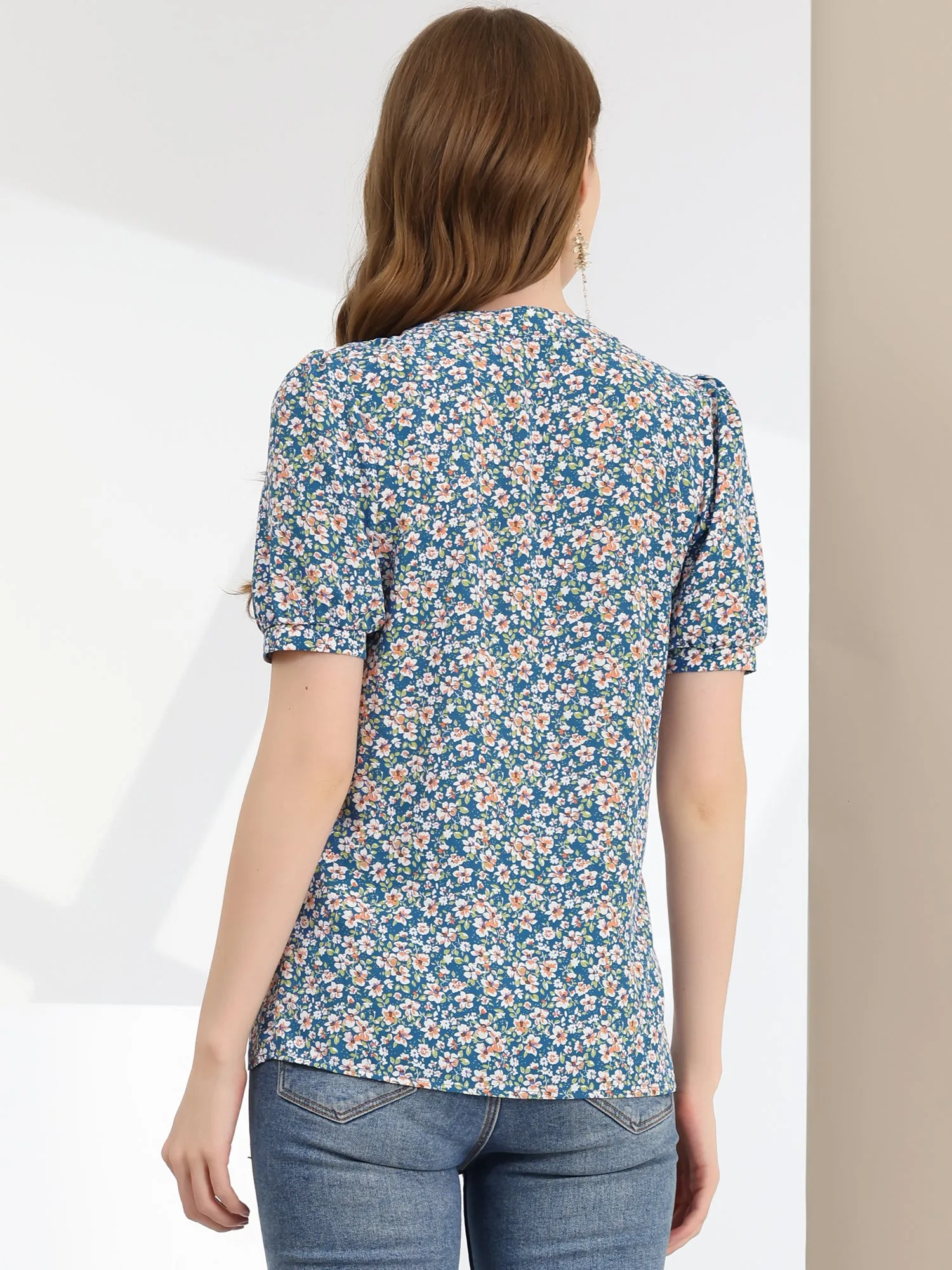Summer Short Sleeve V Neck Ruffle Floral Button Down Shirt Top sold by Allegra K product image thumbnail 4