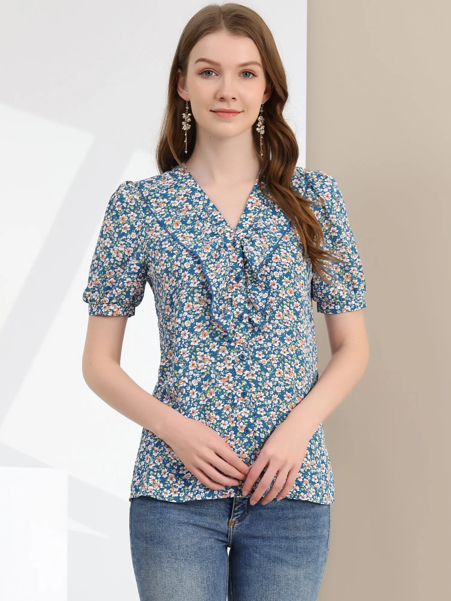 Summer Short Sleeve V Neck Ruffle Floral Button Down Shirt Top sold by Allegra K product image thumbnail 2