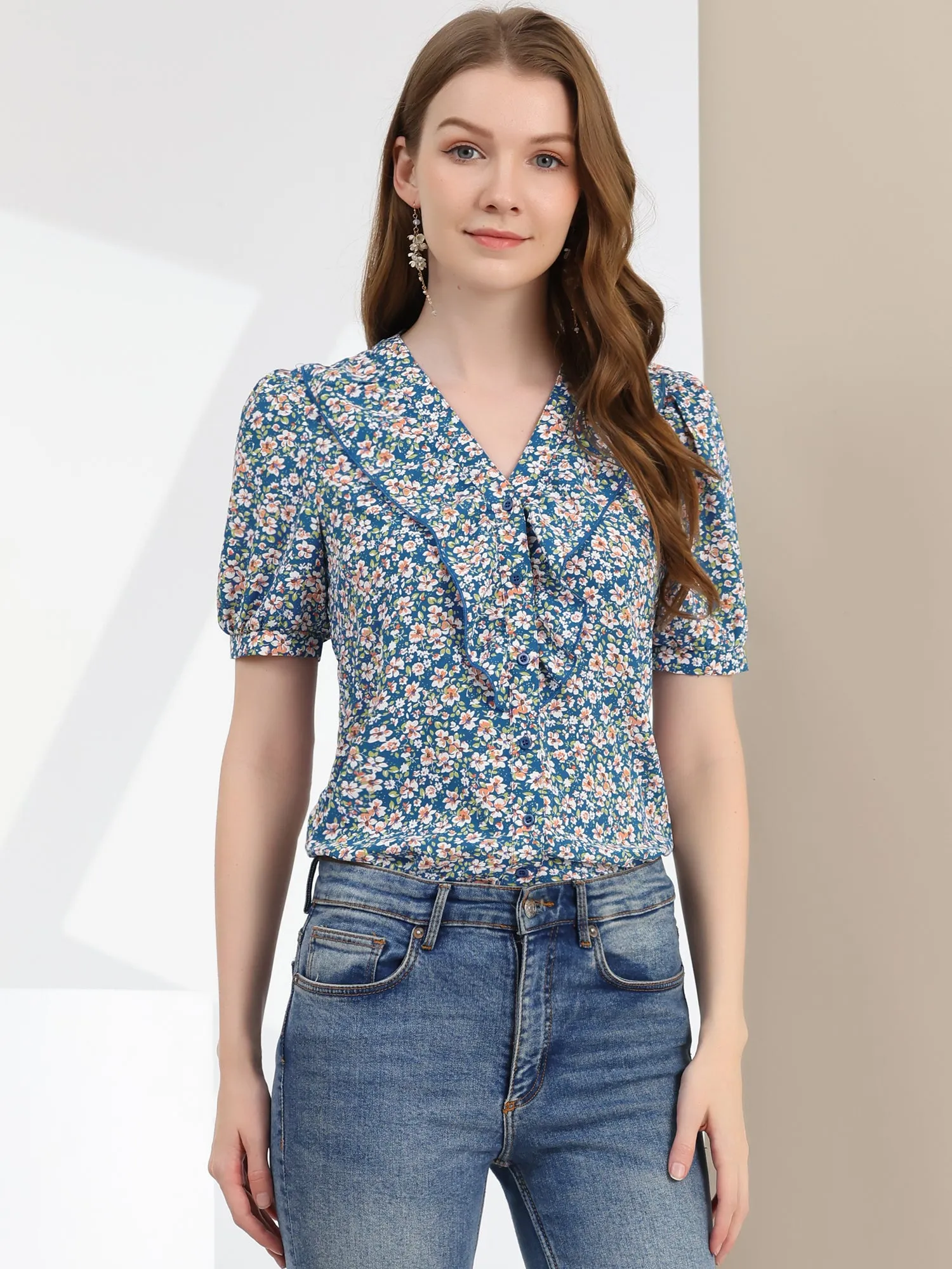 Summer Short Sleeve V Neck Ruffle Floral Button Down Shirt Top sold by Allegra K