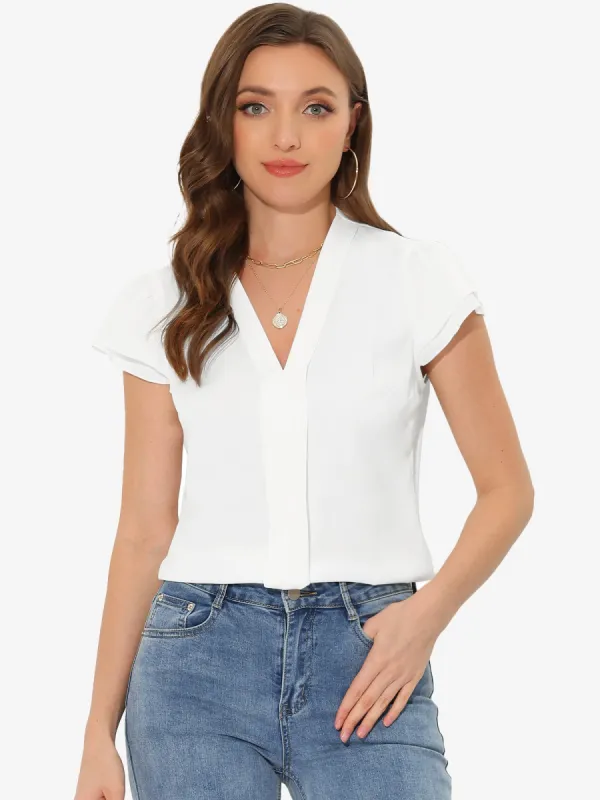 Summer Office Tops V-Neck Solid Color Casual Chiffon Ruffle Sleeve Blouse sold by Allegra K