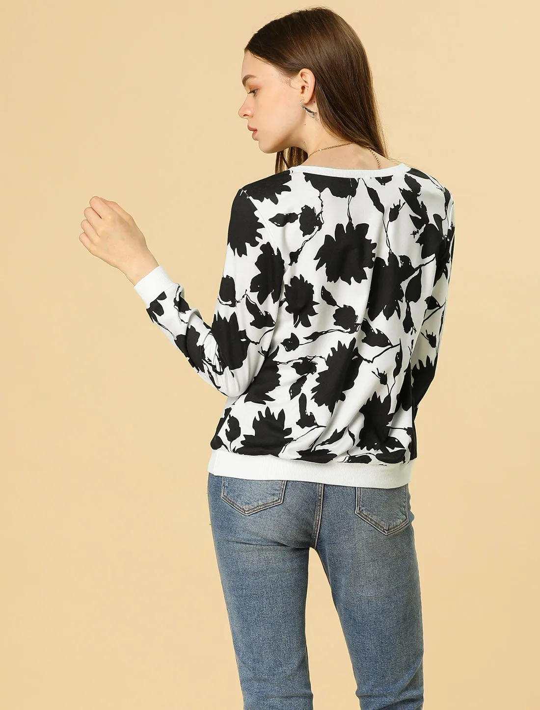 Floral Leaf Print Long Sleeve Casual Pullover Sweatshirt sold by Allegra K product image thumbnail 5