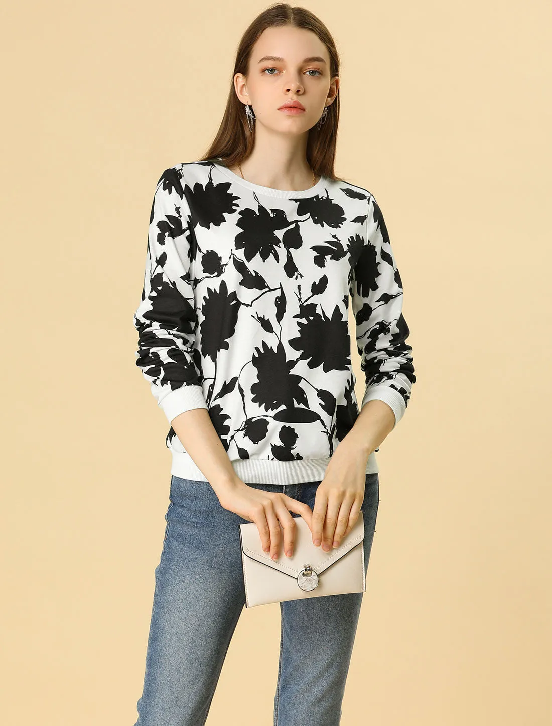Floral Leaf Print Long Sleeve Casual Pullover Sweatshirt sold by Allegra K product image thumbnail 2