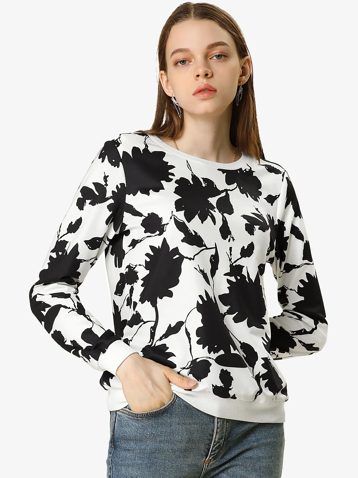 Floral Leaf Print Long Sleeve Casual Pullover Sweatshirt sold by Allegra K