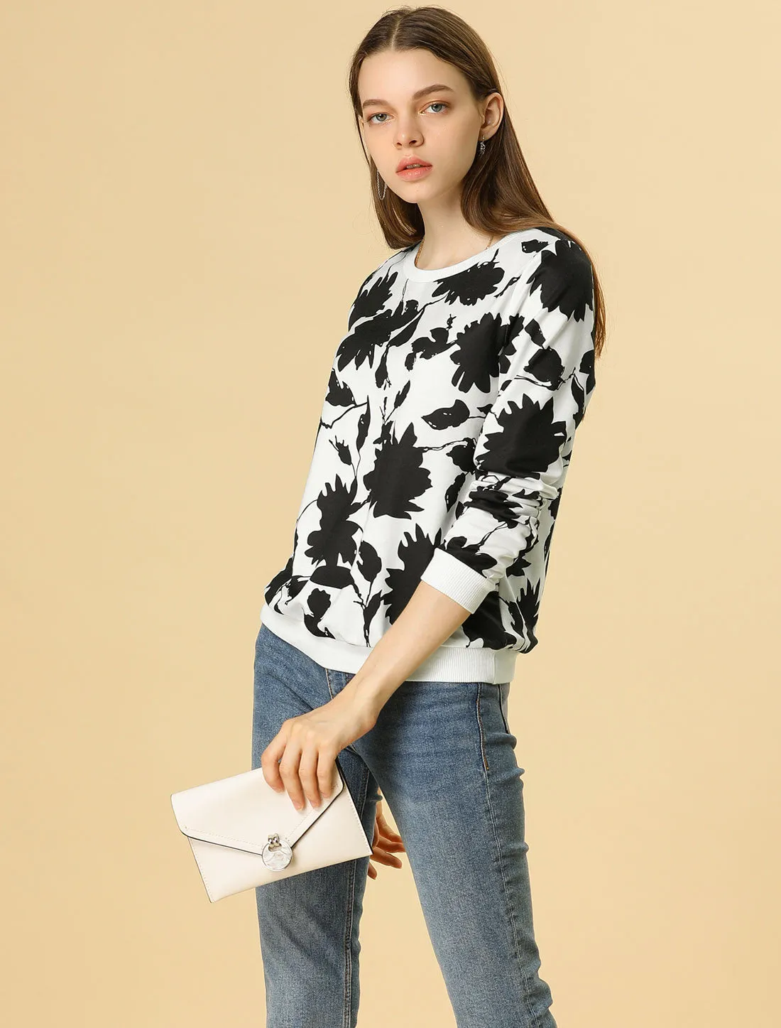 Floral Leaf Print Long Sleeve Casual Pullover Sweatshirt sold by Allegra K product image thumbnail 3