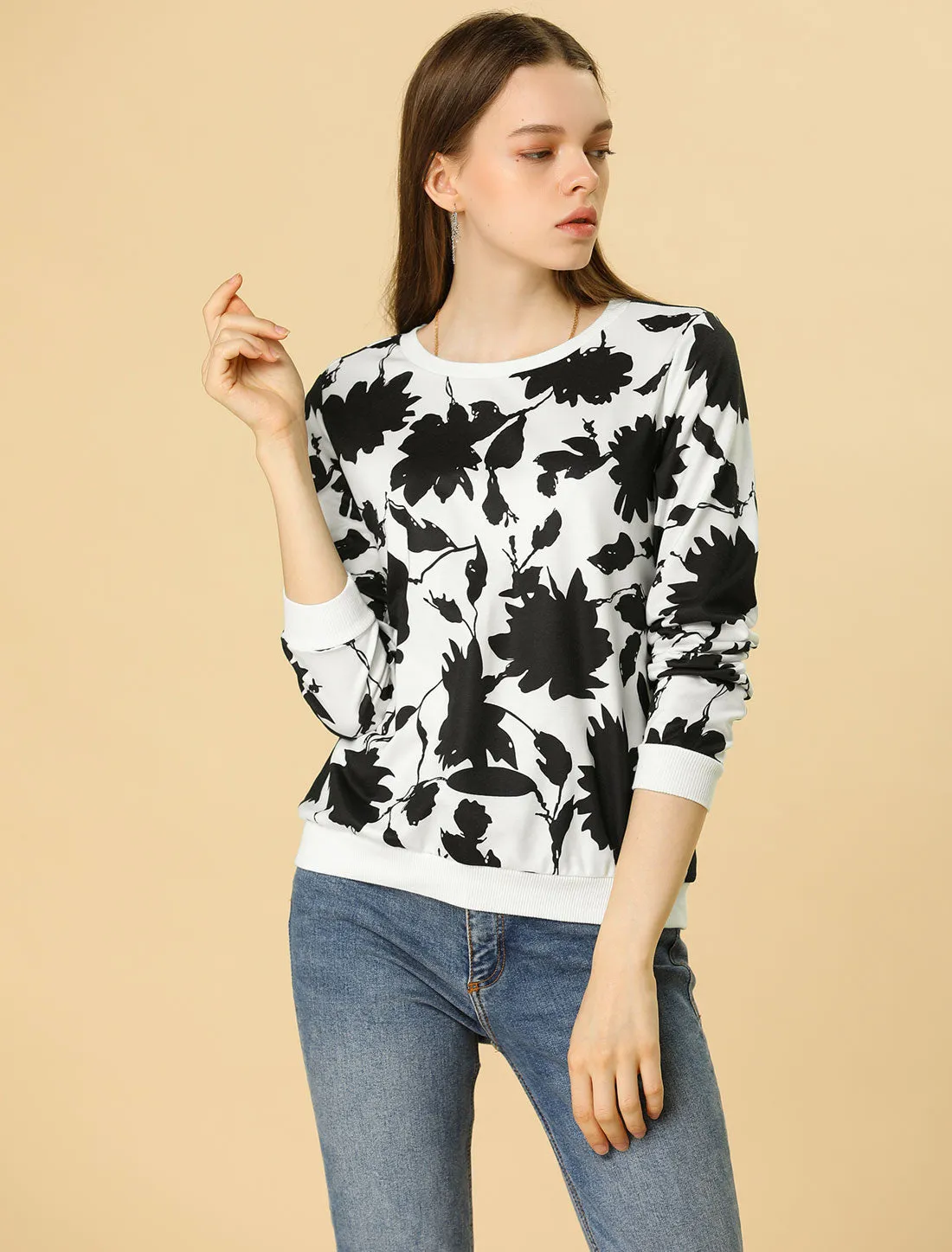 Floral Leaf Print Long Sleeve Casual Pullover Sweatshirt sold by Allegra K product image thumbnail 4