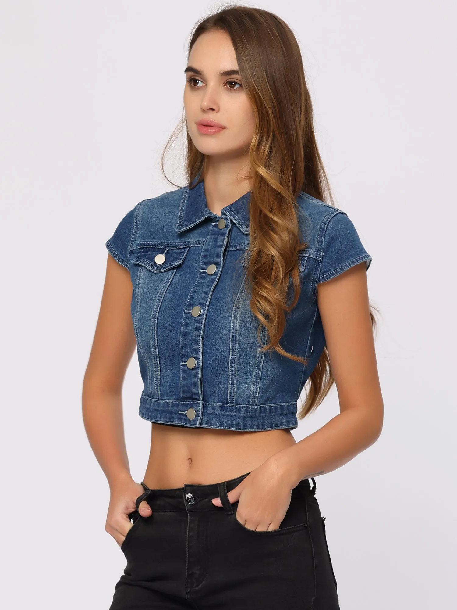 Summer Button Down Cap Short Sleeve Cropped Jean Denim Jacket sold by Allegra K product image thumbnail 2