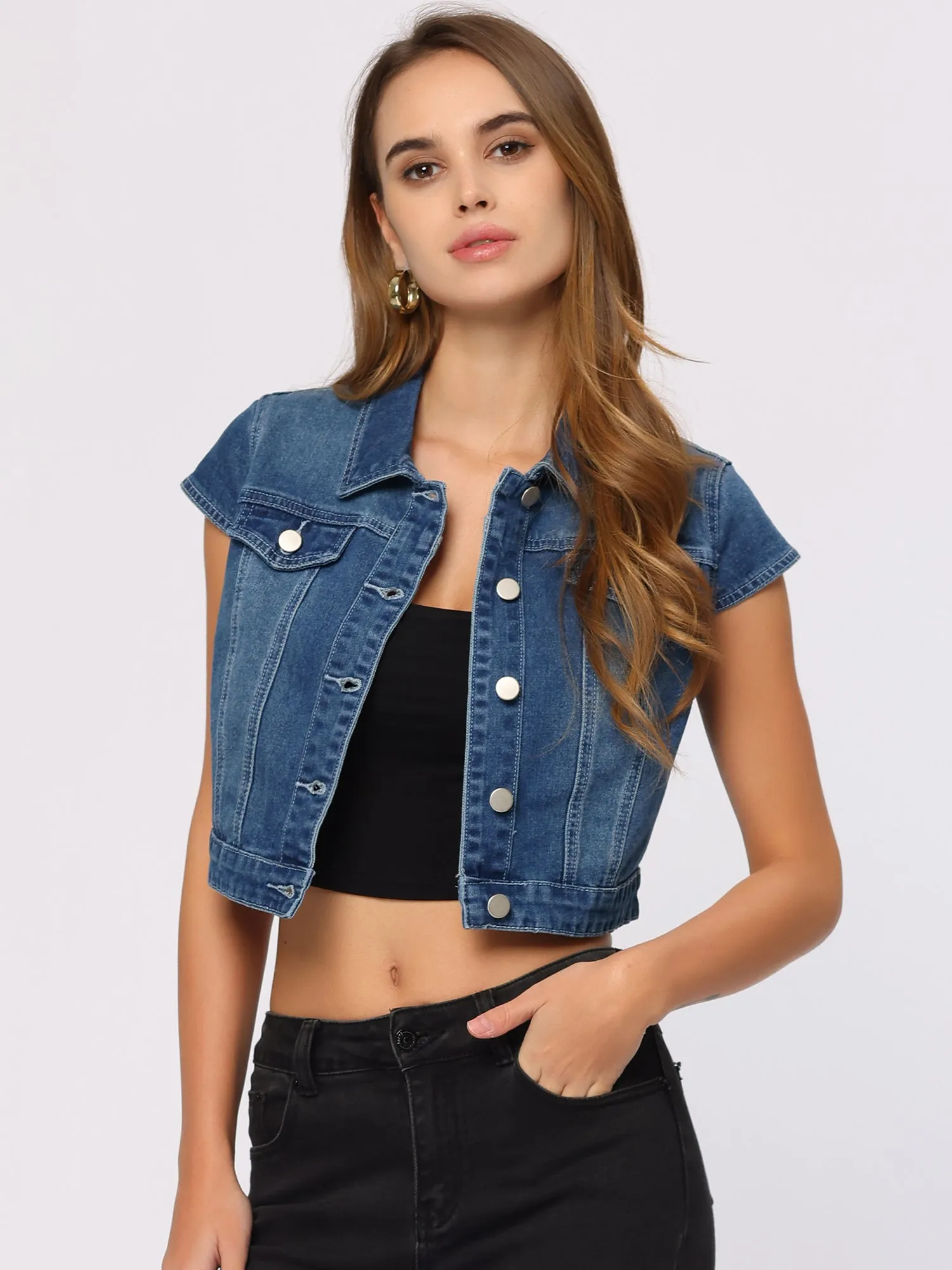 Summer Button Down Cap Short Sleeve Cropped Jean Denim Jacket sold by Allegra K