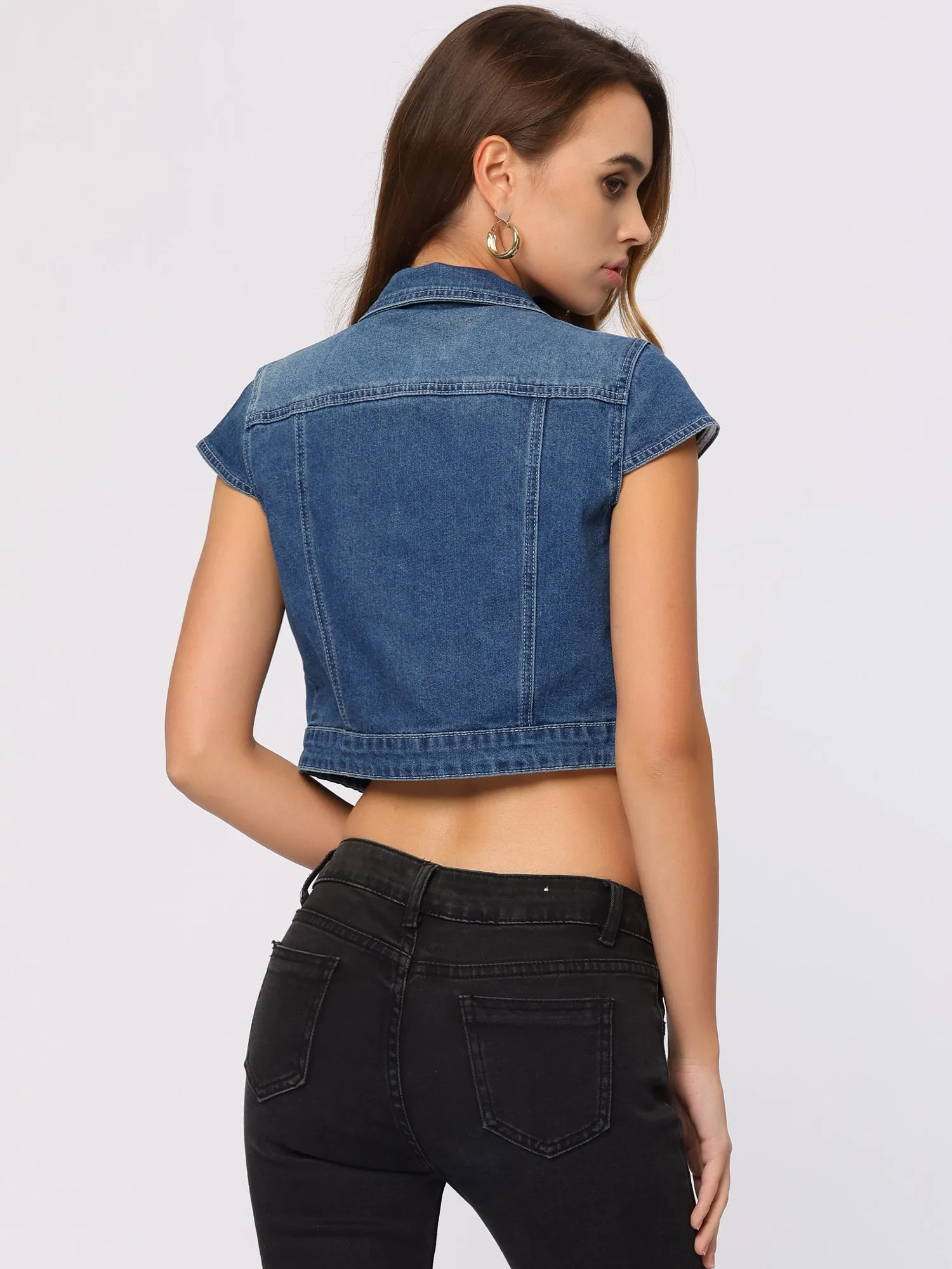Summer Button Down Cap Short Sleeve Cropped Jean Denim Jacket sold by Allegra K product image thumbnail 3