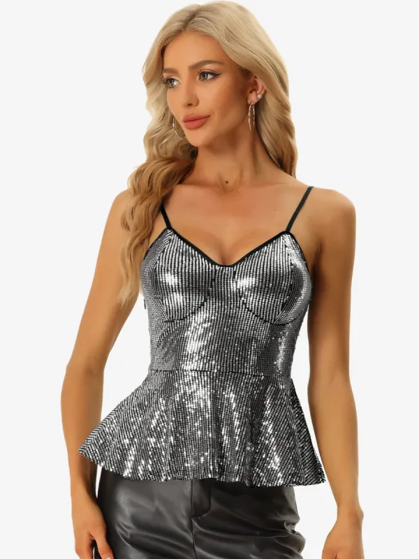 Sequin Cami Spaghetti Strap V Neck Sparkle Ruffles Peplum Top sold by Allegra K