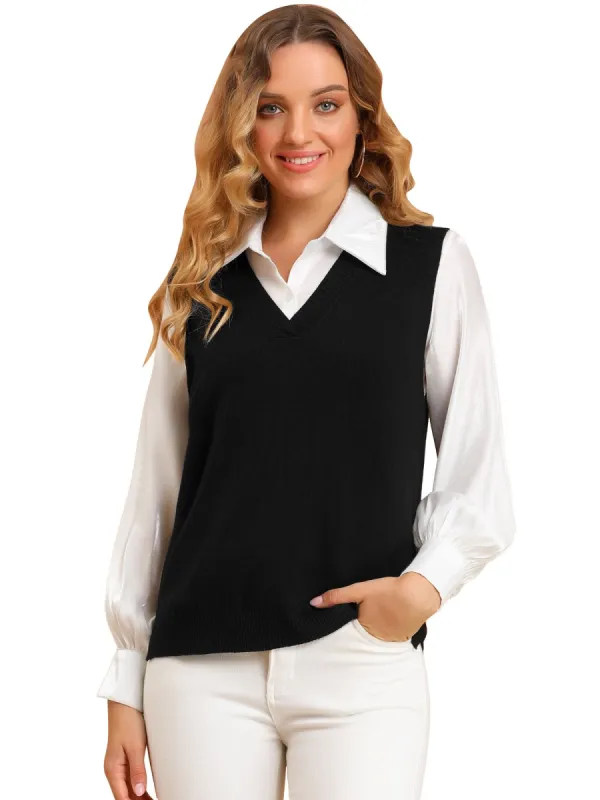 Women's Sweater Vest Preppy V Neck Sleeveless Pullover Sweater sold by Allegra K