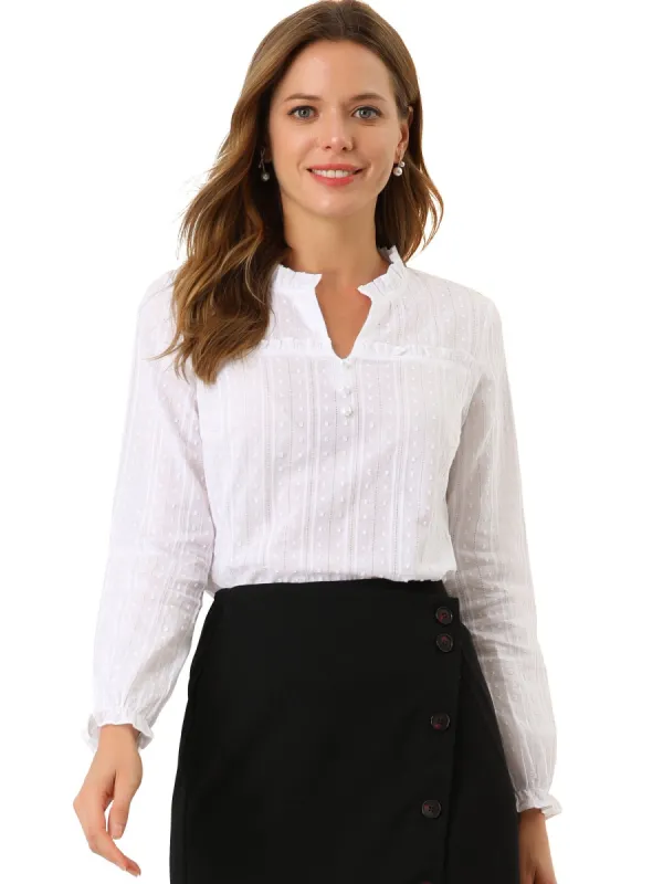 Women's Ruffle V Neck Swiss Dots Hollow Out Blouse sold by Allegra K