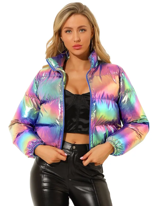 Women's Winter Shiny Cropped Quilted Padded Puffer Metallic Coat sold by Allegra K