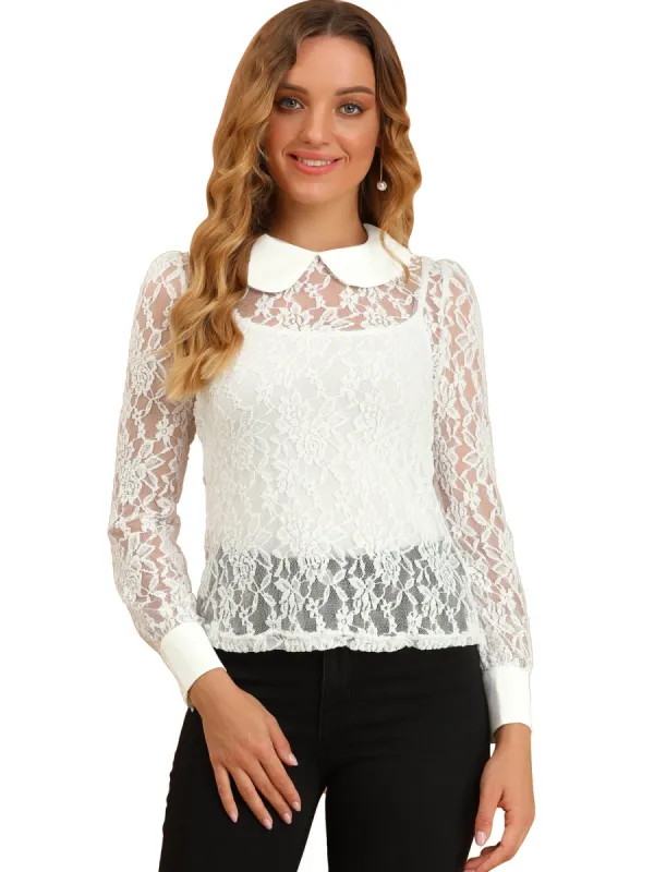 Women's Long Sleeve Sheer Lace Blouse Peter Pan Collar Top sold by Allegra K