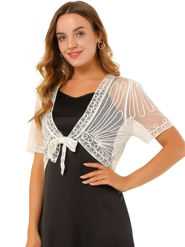 Women's Lace Mesh Short Tie Front Shrug sold by Allegra K