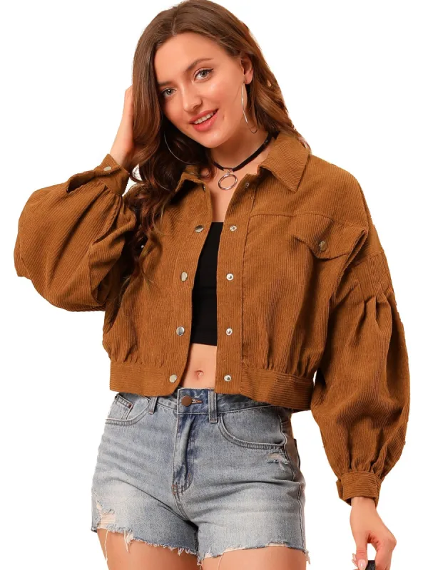Women's Casual Button Down Short Jackets Puff Long Sleeve Cropped Corduroy Jacket sold by Allegra K