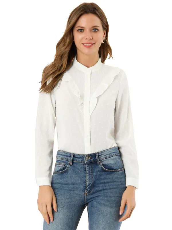 Women's Elegant Ruffle Front Shirt Swiss Dots Long Sleeve Blouse sold by Allegra K