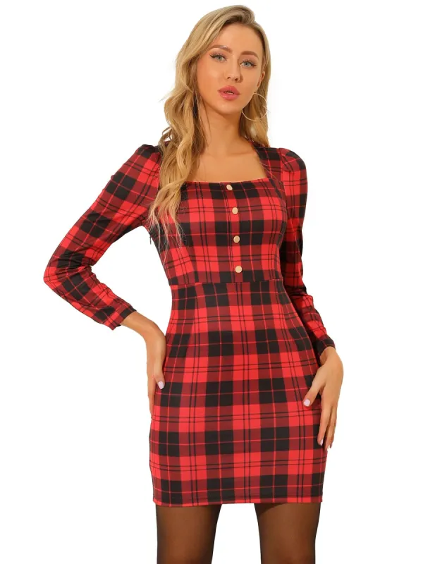 Women's Tartan Plaid Vintage Square Neck Puff Sleeve Mini Bodycon Dress made by Allegra K