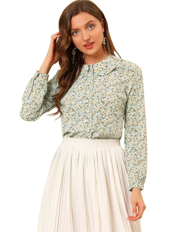Women's Casual Peter Pan Collar Floral Chiffon Top Shirt sold by Allegra K