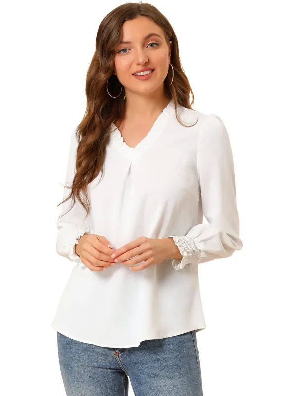 Women's Ruffle V Neck Round Hem Blouse Long Sleeve Top sold by Allegra K