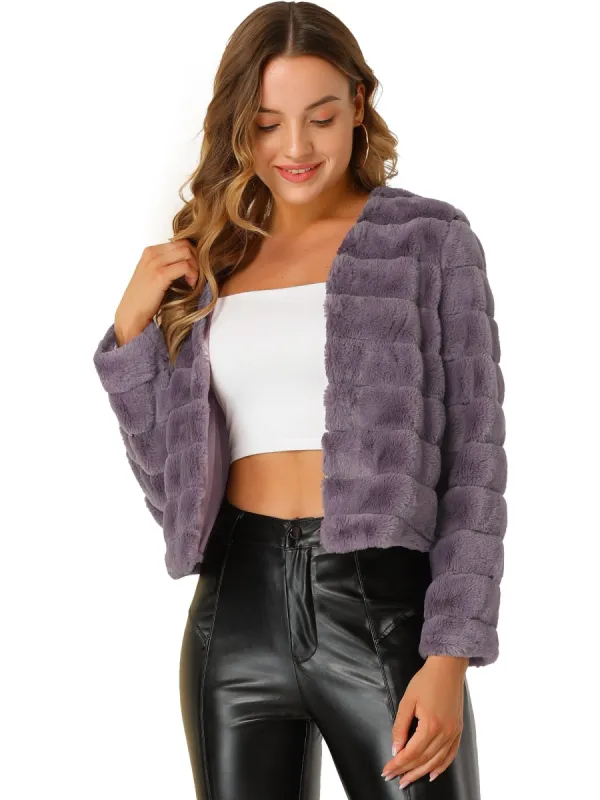 Women's Winter Warm Cropped Jacket Collarless Faux Fur Fluffy Coat sold by Allegra K