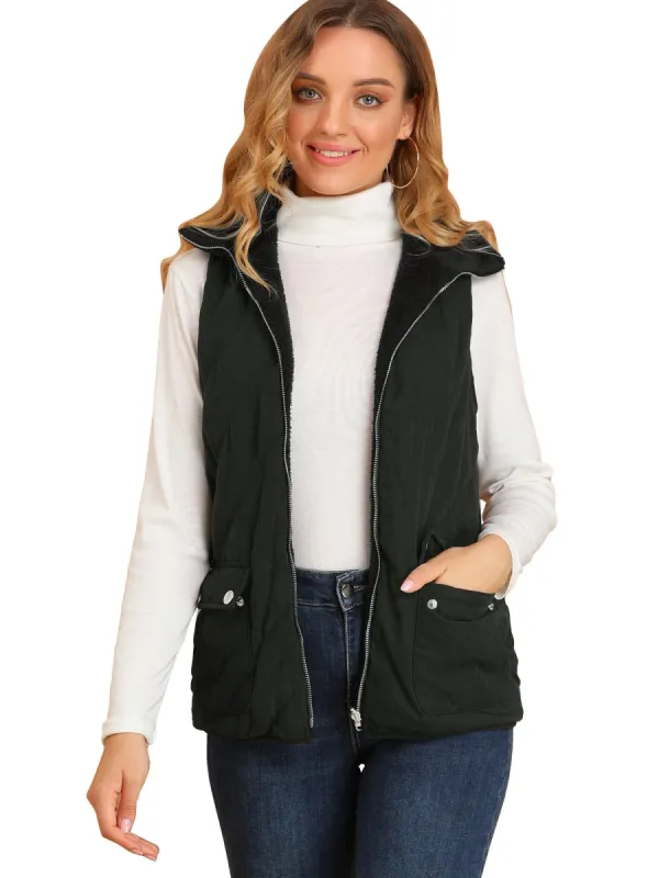 Women's Padded Stand Collar Quilted Lightweight Pocket Vest sold by Allegra K