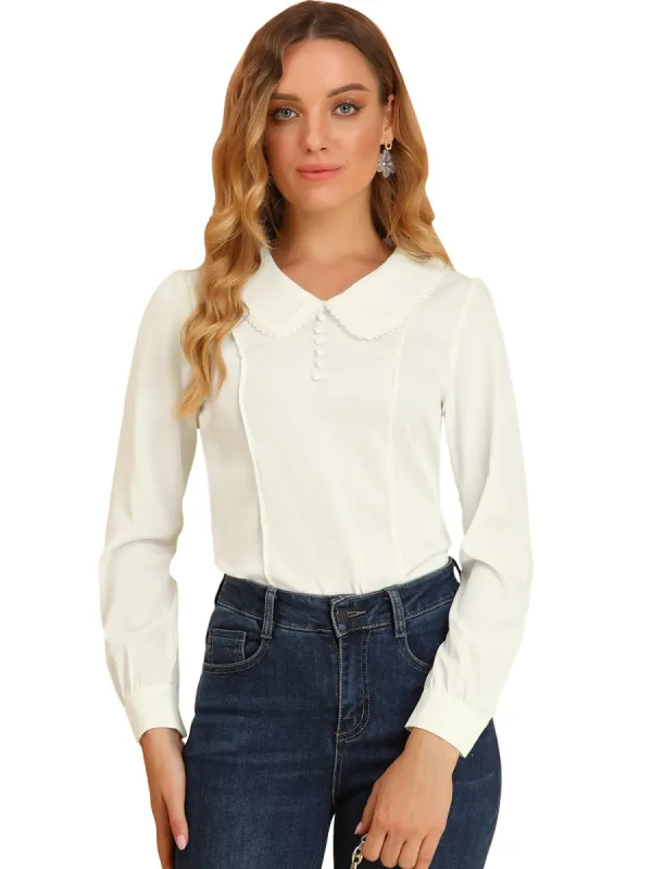 Women's Peter Pan Collar with Crochet Trim Work Office Button Decor Chiffon Blouse sold by Allegra K
