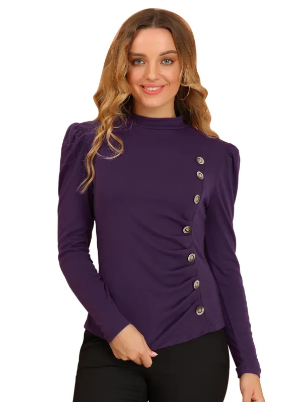 Women's Mock Neck Puff Long Sleeve Solid Color Buttons Decor Ruched Top sold by Allegra K
