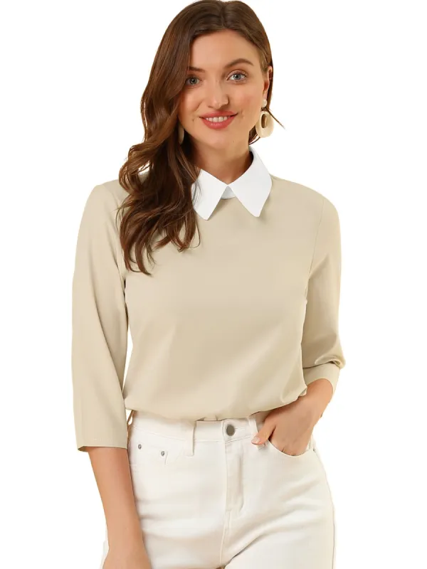 Women 3/4 Sleeves Contrast Collar Blouse Tops sold by Allegra K