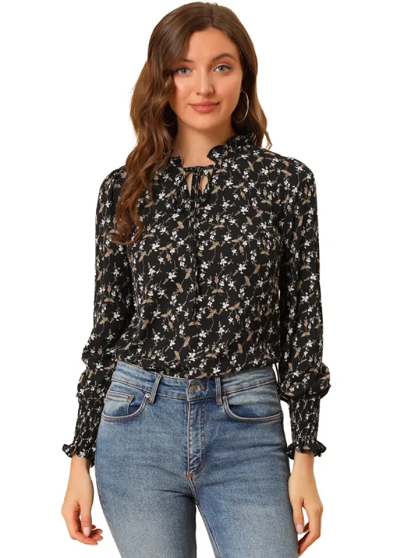 Women's Vintage Floral Ruffle Tie Neck Button Decor Elastic Cuff Chiffon Blouse sold by Allegra K