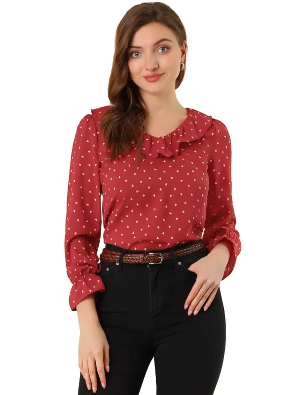 Women's Ruffle V Neck Heart Print Valentine's Day Blouse Business Work Top sold by Allegra K