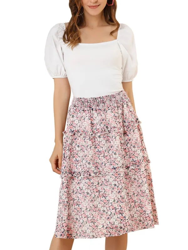 Women's Floral Print Skirts Smocked Elastic Waist Knee Length Flowy Tiered Ruffle Skirt sold by Allegra K