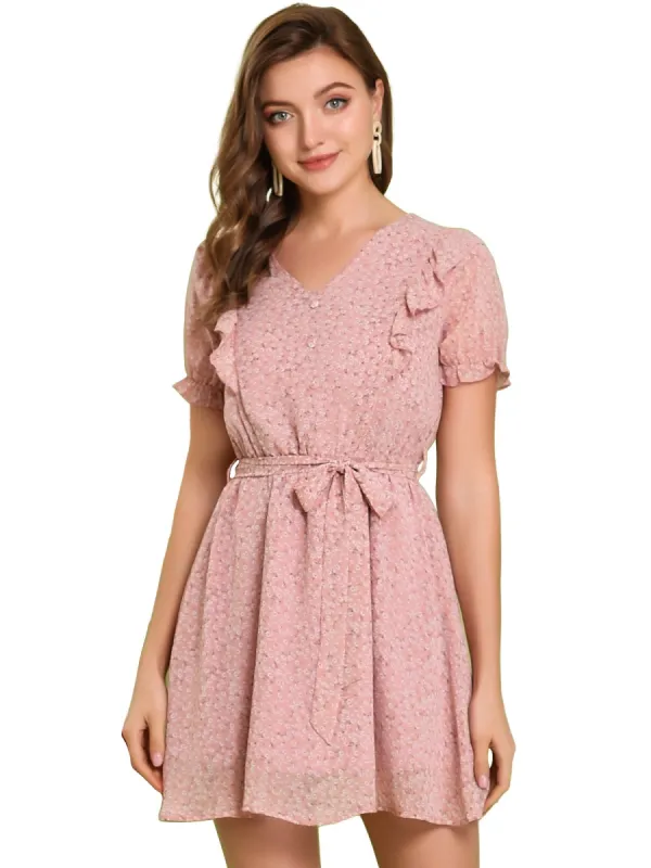 Women's Floral Ruffle Trim V Neck Tie Waist Chiffon Dress sold by Allegra K