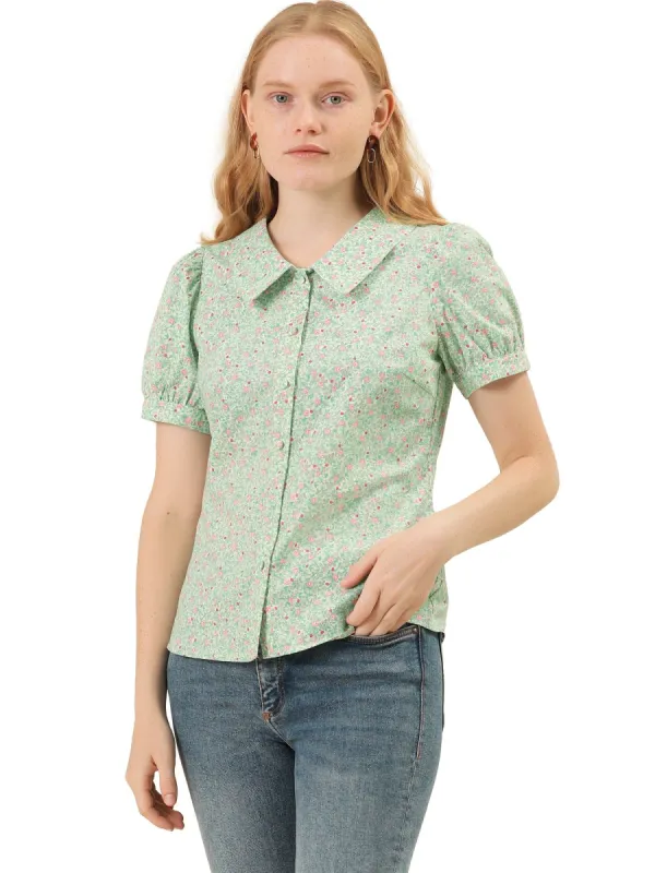 Women's Puff Sleeves Turndown Collar Button Down Floral Blouse sold by Allegra K