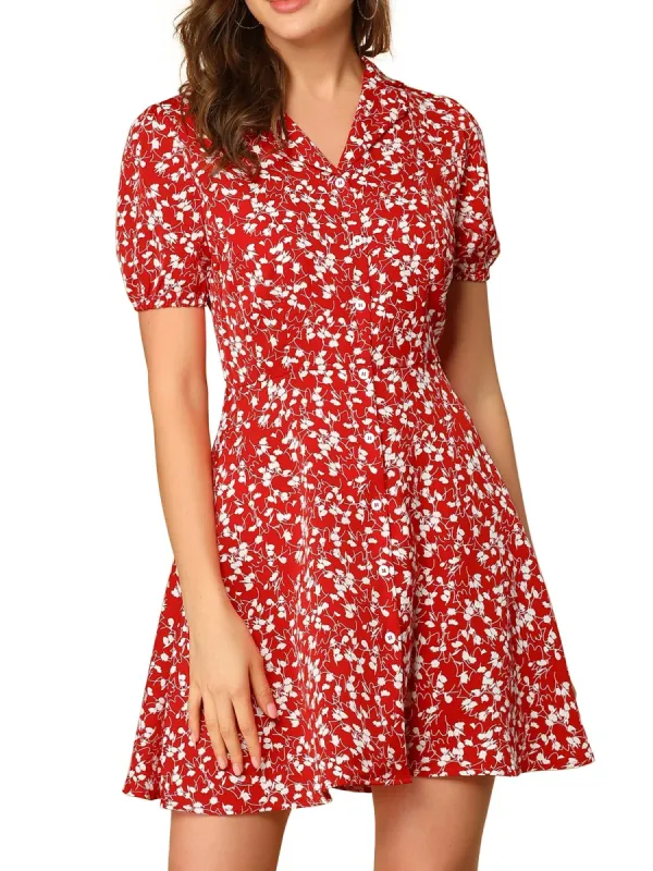 Women's Vintage Floral Short Sleeve Camp Collar Button Up A-Line Dress sold by Allegra K